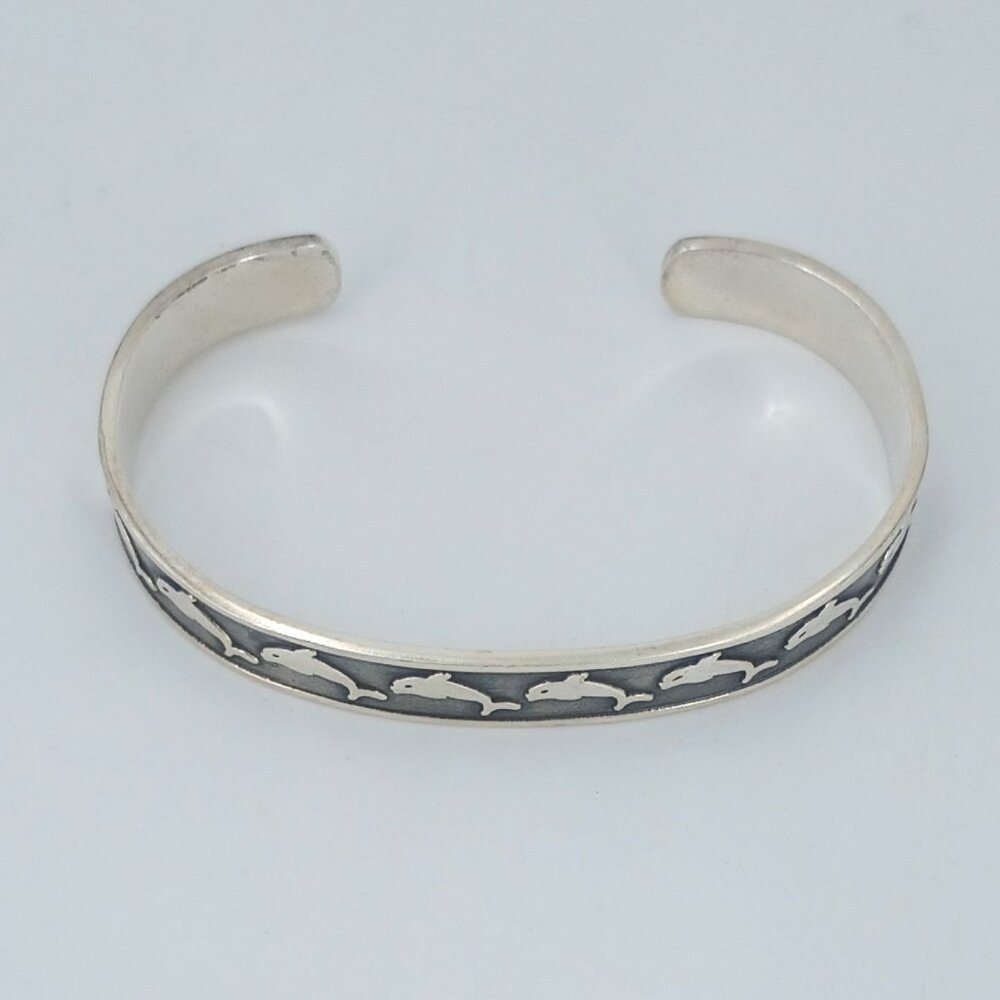 Dolphins Cuff Bracelet Solid .925 Sterling Silver - image 2